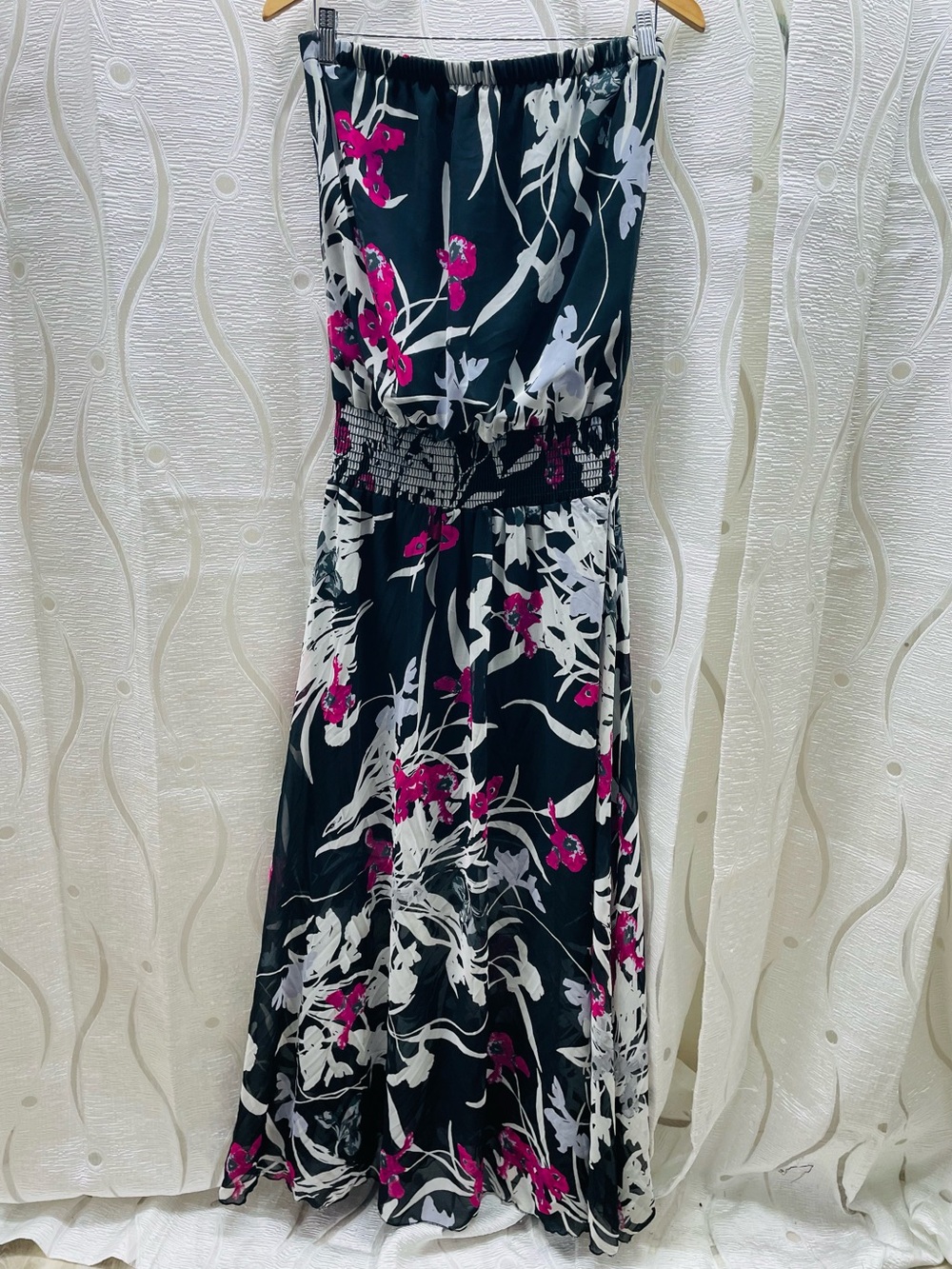 Va Va Voom Floral Maxi Dress Womens L Black Pink Strapless Smocked. Need repair!